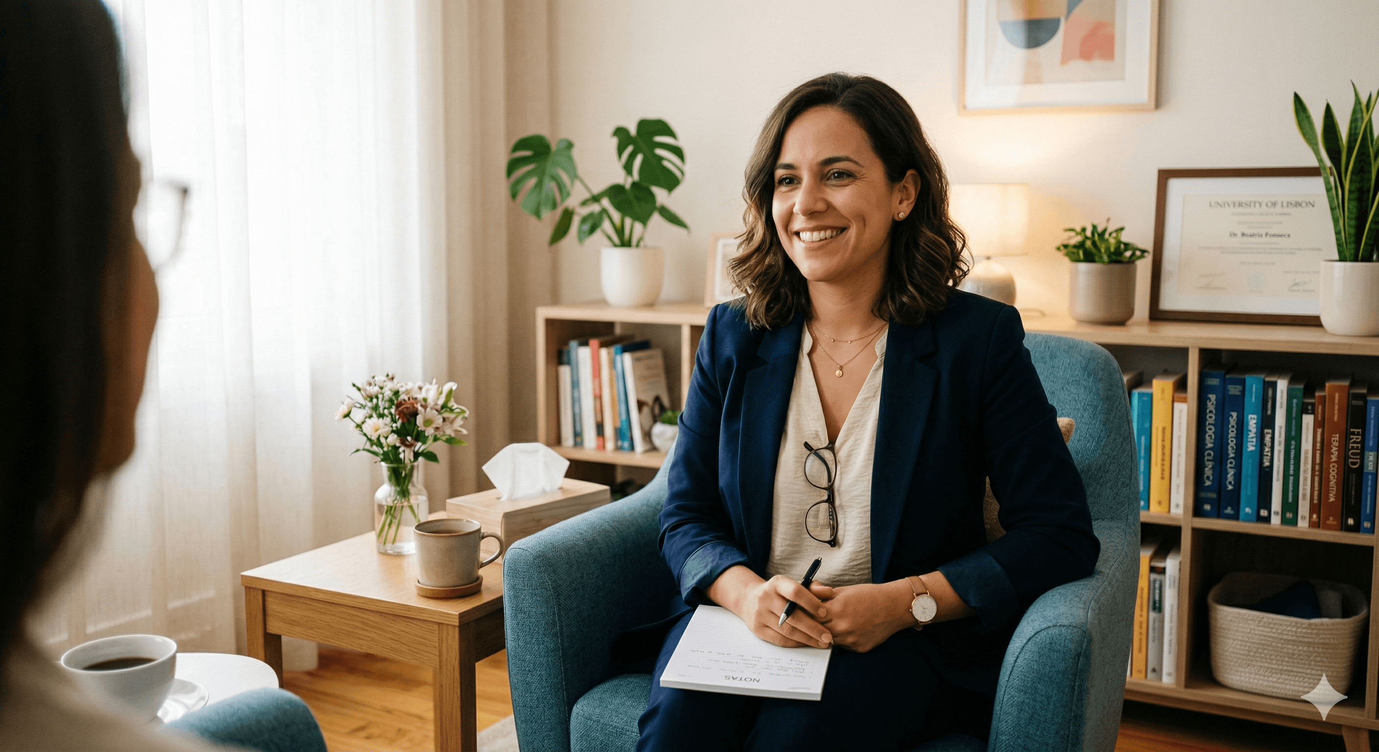 Retrato profissional da psicóloga no consultório